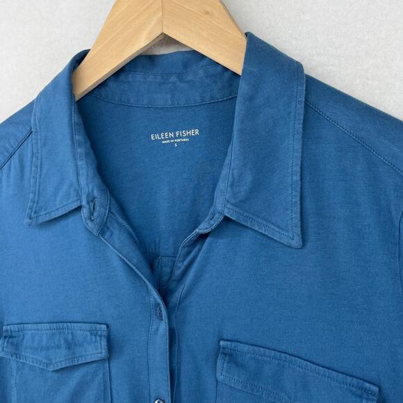 EILEEN FISHER Top S Organic Cotton Jersey Shirt Button Up Roll Tab Sleeve Blue - Picture 8 of 16